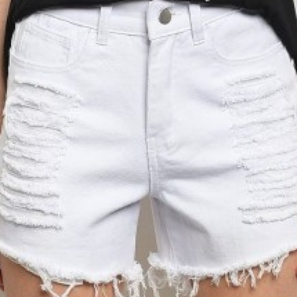 White Destroyed Denim Side Lace Up Jean Shorts